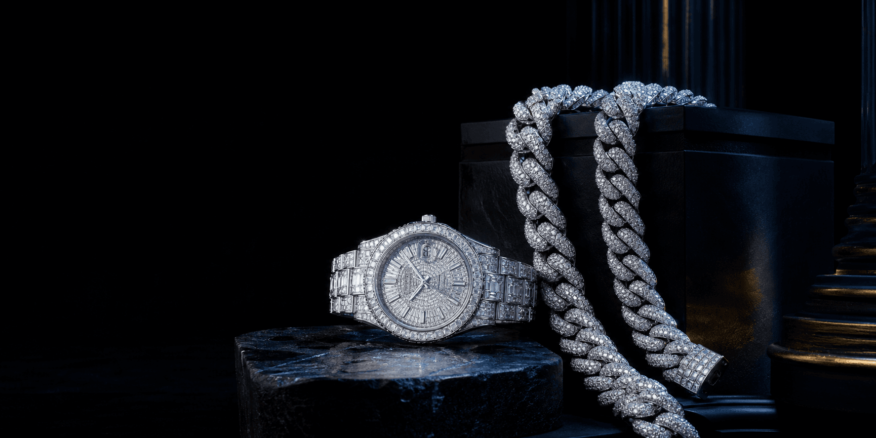 Diamond watch and iced Cuban chain from Glacier Status