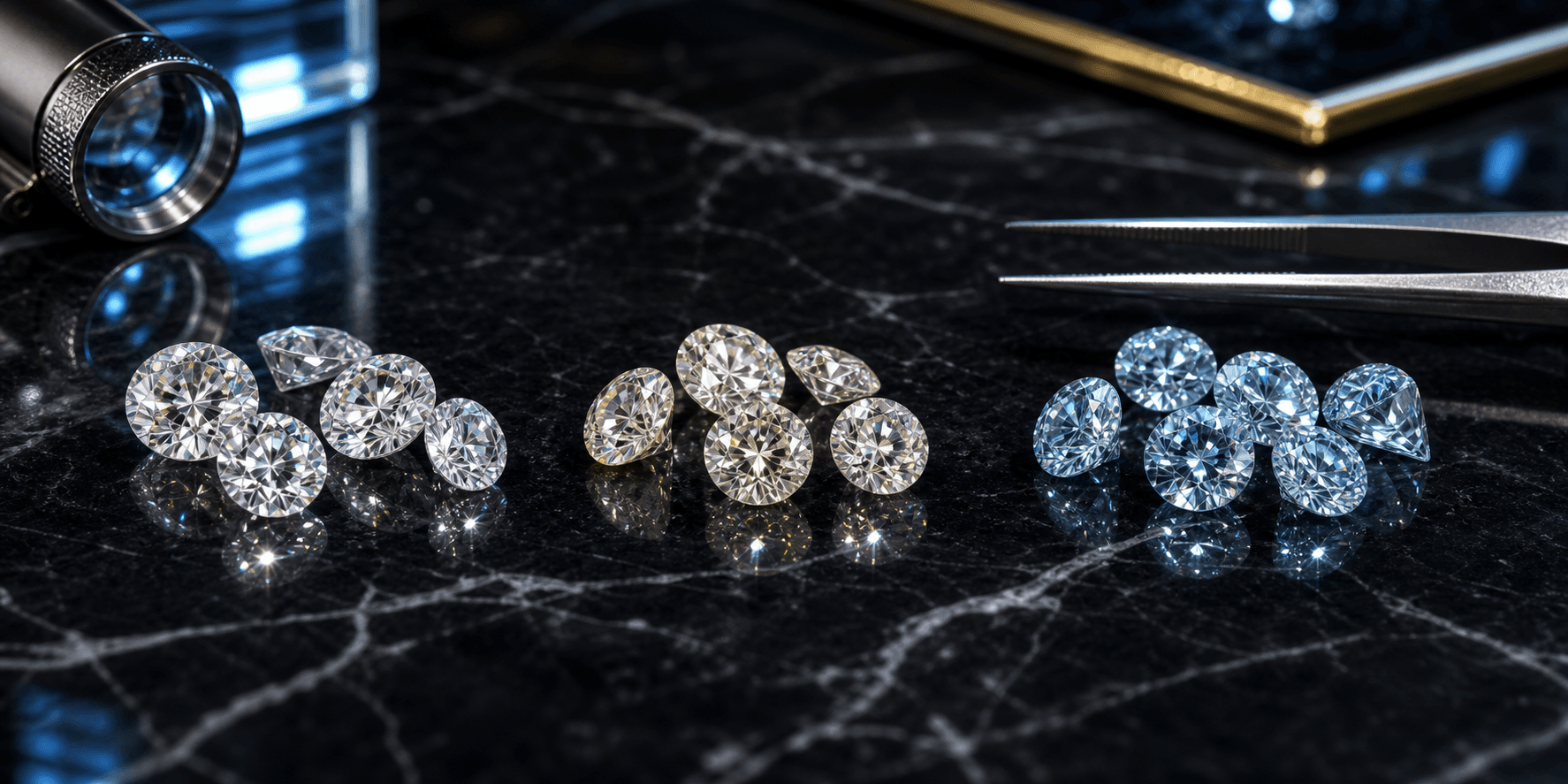 Loose stones arranged on black marble to compare diamond, moissanite, lab stone, and natural stone options for iced out jewelry