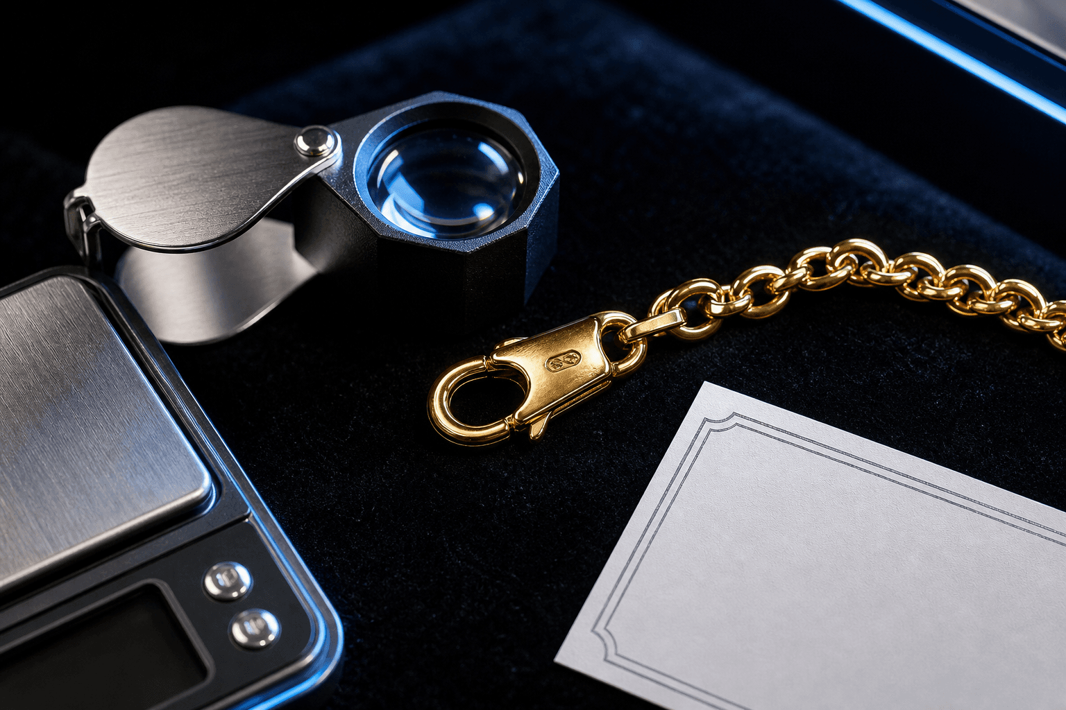 Gold jewelry clasp with jeweler loupe, scale, and certificate card for checking metal hallmarks before buying iced out jewelry